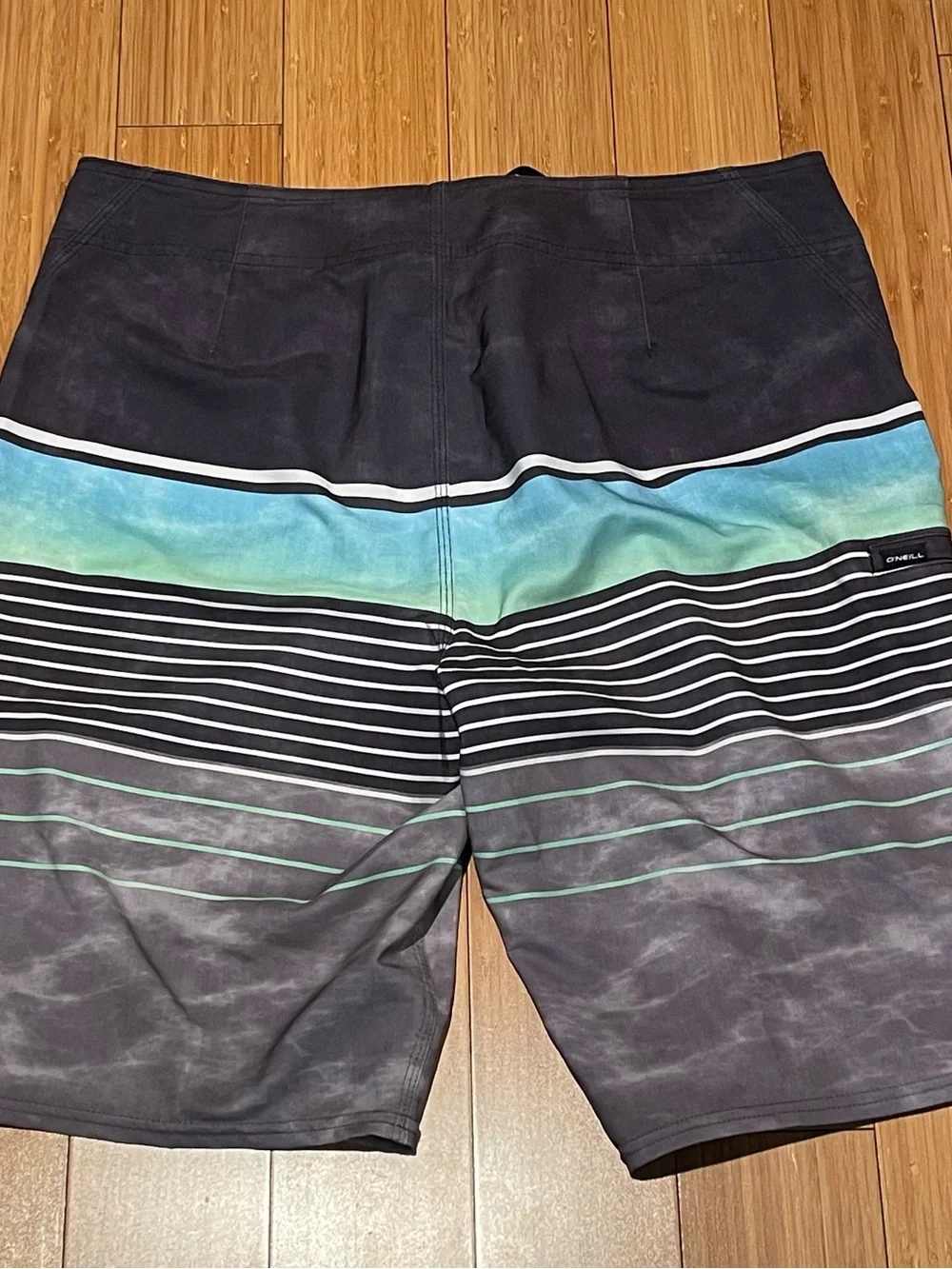 O'Neill Board Shorts with Gray, Teal & White Stripes, Sz 33